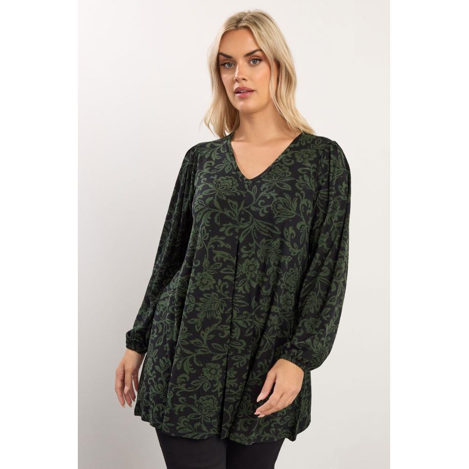 Yours Zwarte En Groene Top Met Bloemenprint En Plooien Aan De Voorkant Size 66-68 Zwart