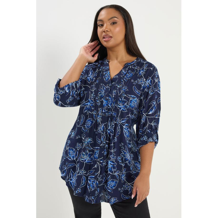 Yours Marineblauwe Blouse Met Bloemenprint En Plooien Size 58-60 Blauw