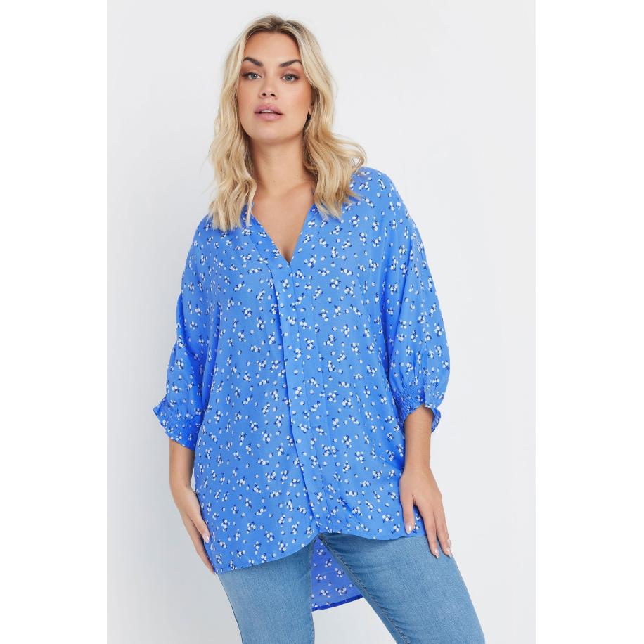 Yours Overhemd Met Bloemetjesmotief En Vhals In Blauw Size 66-68 Blauw