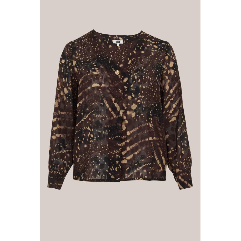 WE Fashion Dames blouse met structuur - Curve - Regular fit - Donkerbruin - Plus Size Maat: 44 Bruin