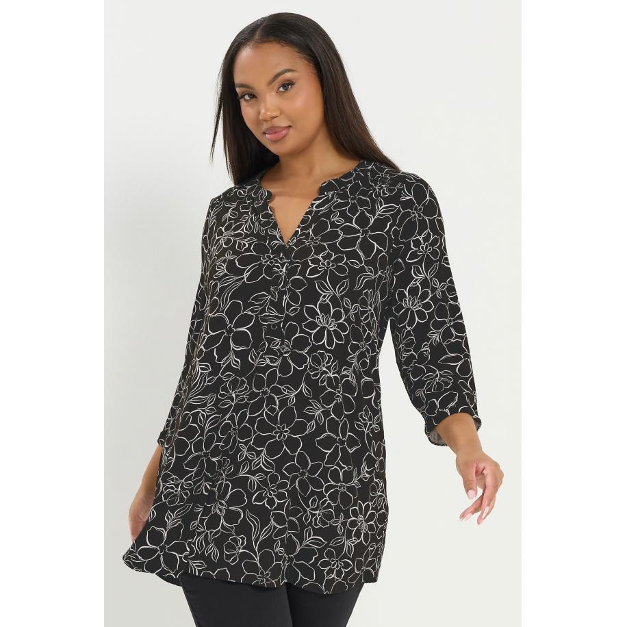 Yours Plus Size Black Floral Print Placket Top Size 66-68 Zwart