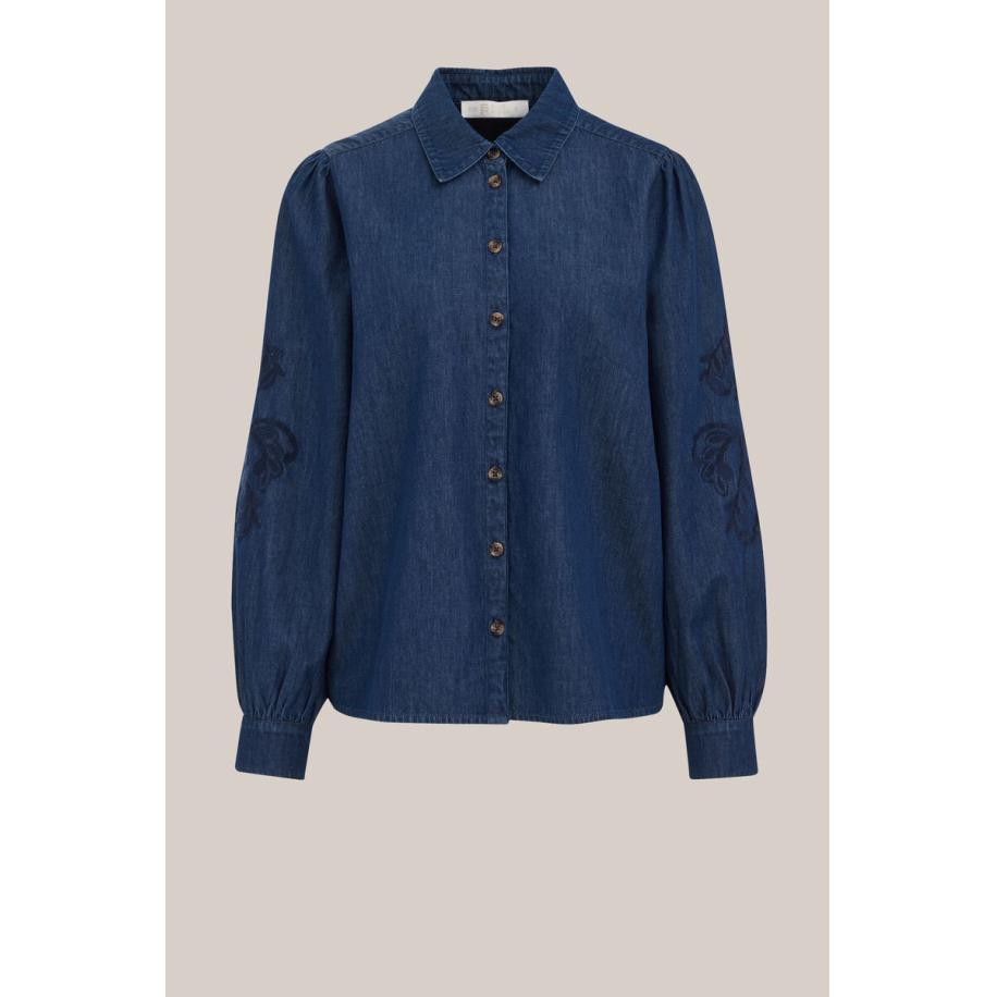 WE Fashion Dames denim blouse met embroideries - Regular fit - Donkerblauw - Katoen - Maat: S Blauw