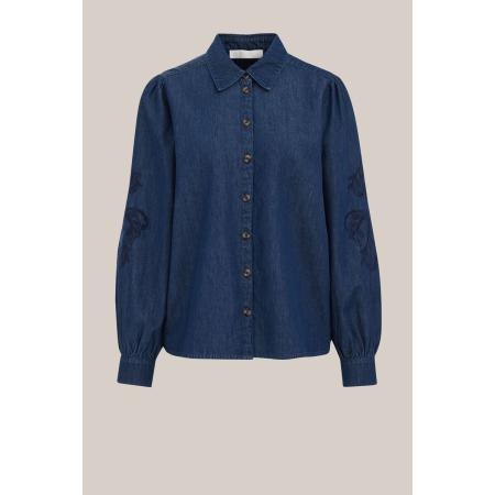 WE Fashion Dames denim blouse met embroideries - Regular fit - Donkerblauw - Katoen - Maat: S