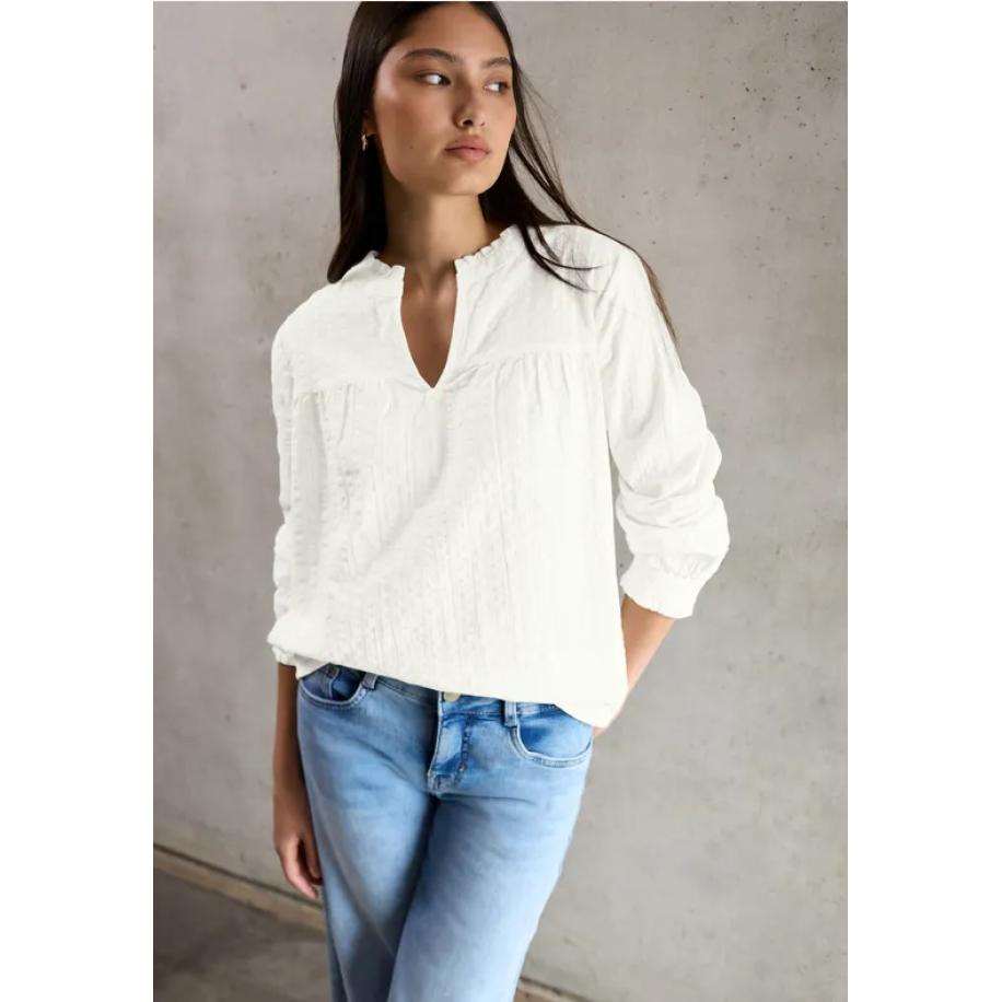 Street One Seersucker blouse met ruches Wit