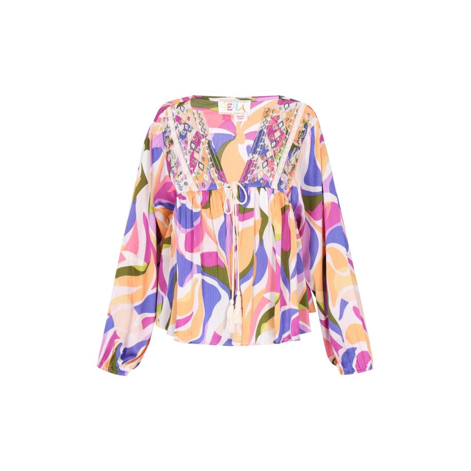 IZIA IZIA Blouse Fashion Look olijfgroen / violetblauw / lichtoranje / wit -
