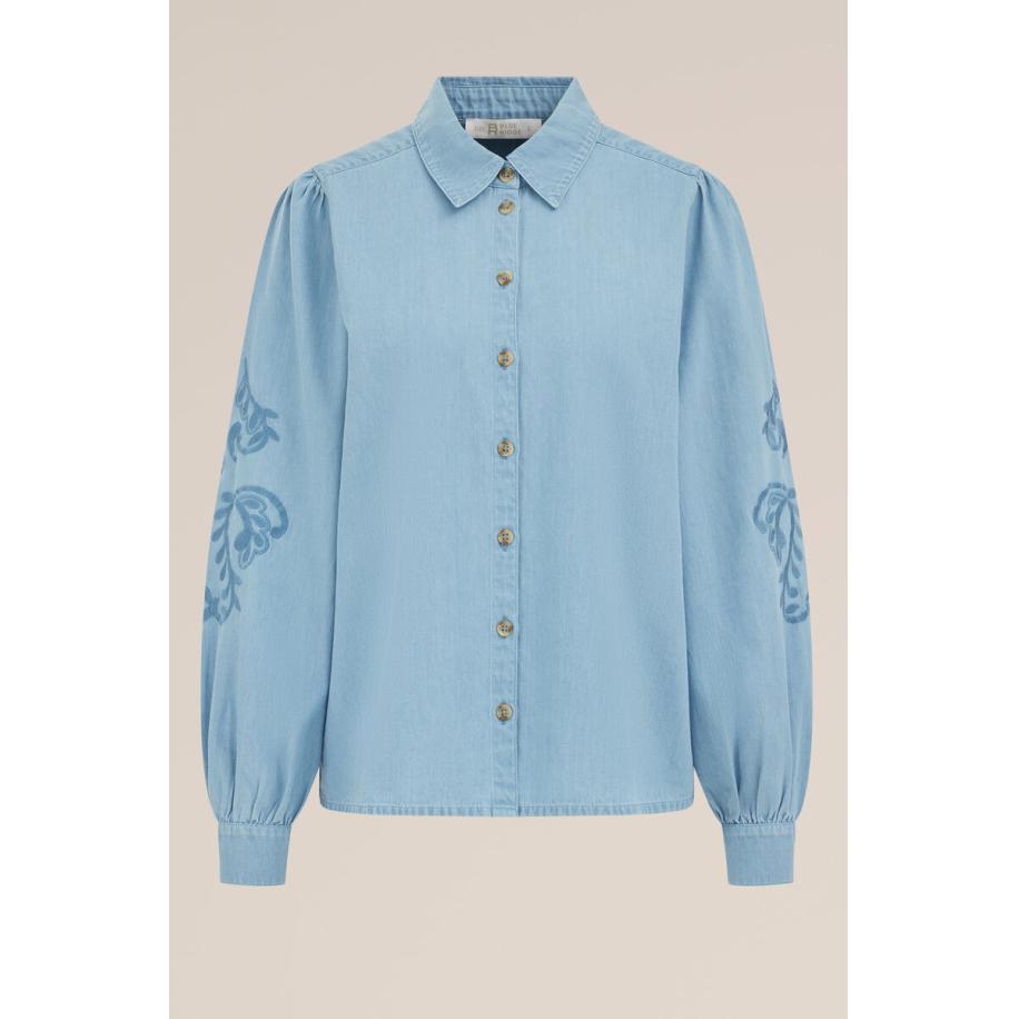 WE Fashion Dames denim blouse met embroideries - Regular fit - Lichtblauw - Katoen - Maat: S Blauw