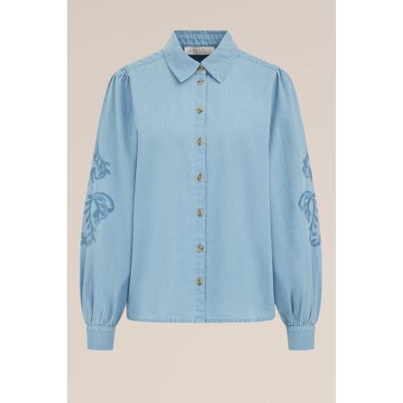 WE Fashion Dames denim blouse met embroideries - Regular fit - Lichtblauw - Katoen - Maat: S