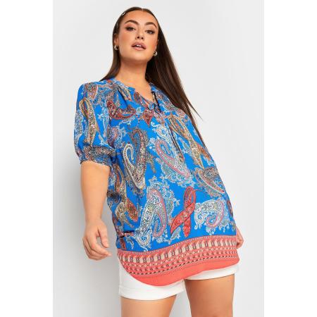 Yours Blouse Met Paisley Print En Strikdetail In Blauw Size 54-56