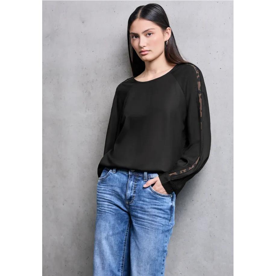 Street One Raglan blouse met getapete details Zwart