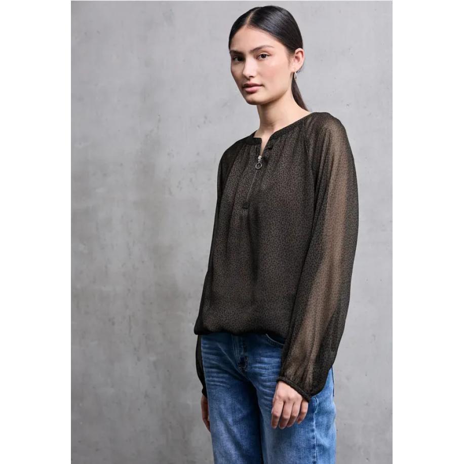 Street One Chiffon leo blouse met rits - Bruin