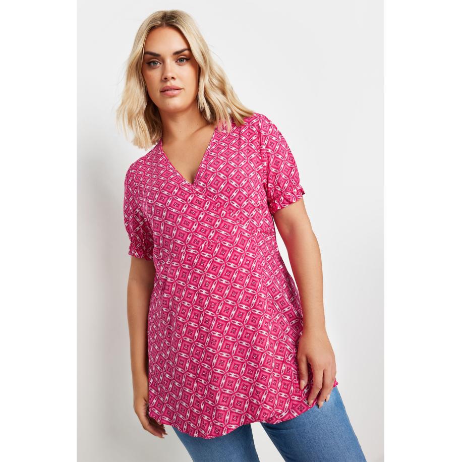 Yours Blouse Met Tegelprint En Korte Ruchemouwen In Roze Size 58-60 Roze