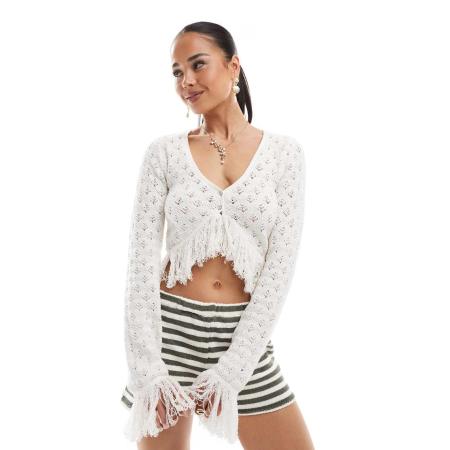 Bershka Vest met gehaakt franje detail in ecru-Neutraal