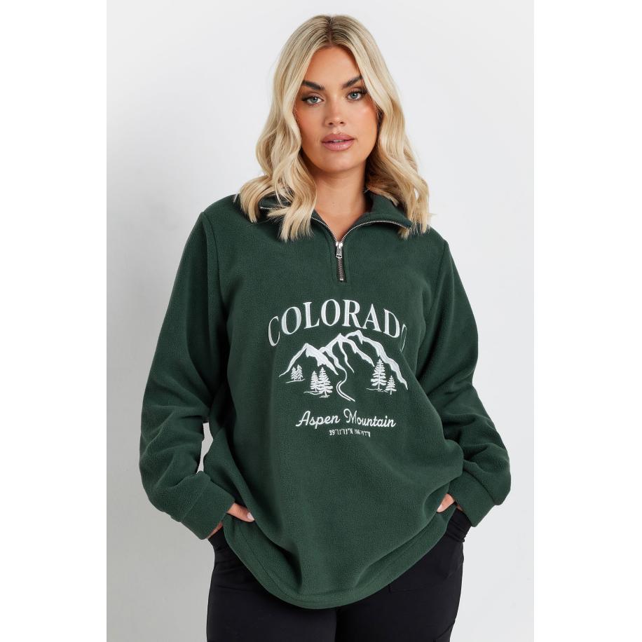Yours Fleece Met Kwart Rits En 'Colorado' Print In Bosgroen Size 62-64 Groen