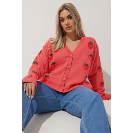 Limited Collection Gebreid Vest Met Aardbeienprint En Knopen In Roze Size 42-44