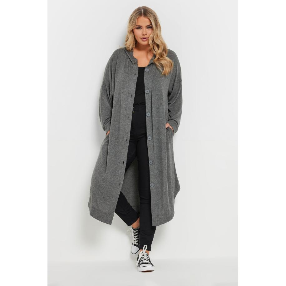 Yours Maxi Vest Met Knopen En Capuchon In Grijs Size 58-60 Grijs