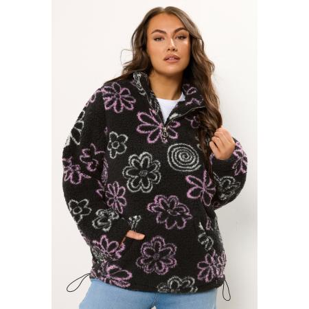 Yours Curve Zwarte Fleece Met Kwartrits En Bloemenmotief Size 62-64