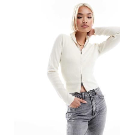 Stradivarius Gebreid vest met ritssluiting in ecru-Neutraal