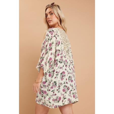 Yours Kimono Van Kreukelstof Met Bloemenmotief En Gehaakte Inzet In Beige/Roze Size 66-68