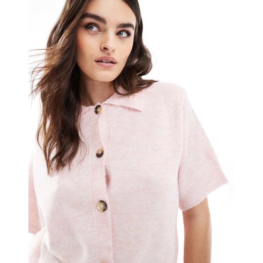 ASOS DESIGN Gebreid overhemd-vest met korte mouwen in roze Roze