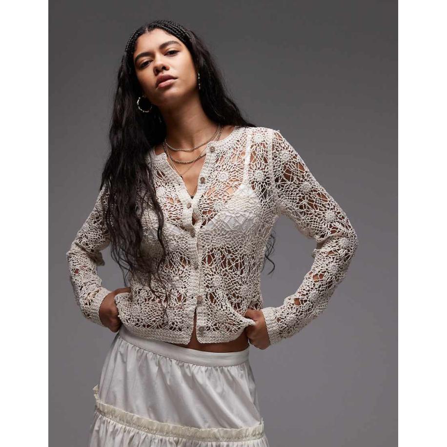 Topshop Gehaakt vest met bloemenpatroon en ronde hals in naturel-Neutraal Multicolor
