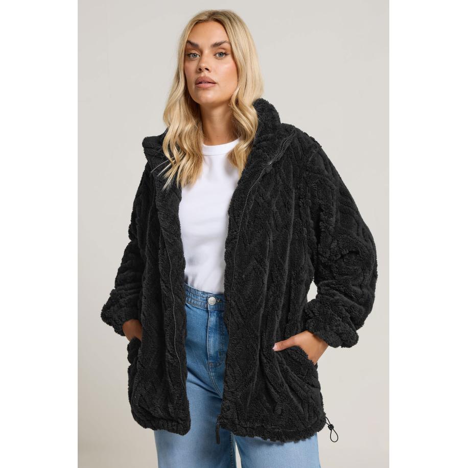 Yours Curve Zwart Gestructureerd Fleecejack Size 58-60 Zwart