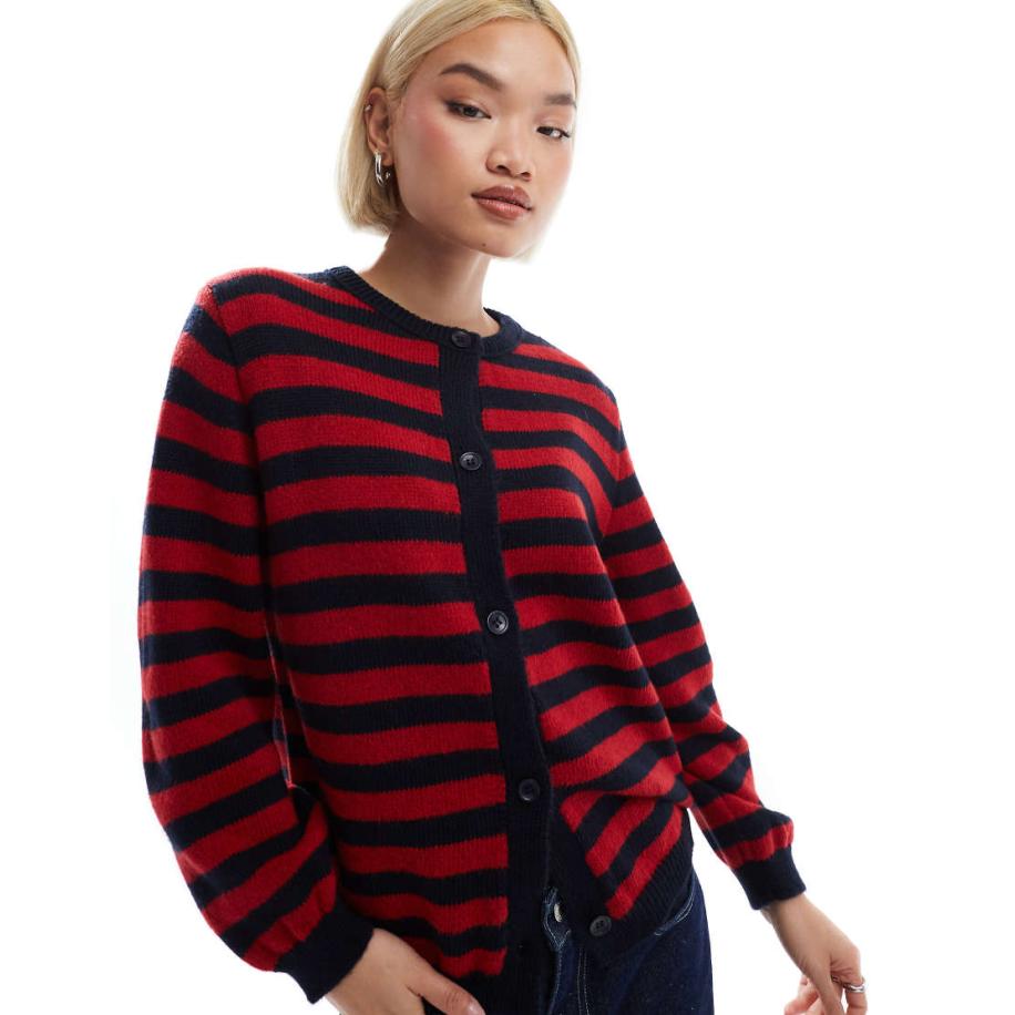 ASOS DESIGN Pluizig gebreid vest in vervaagd marineblauw en rood gestreept-Veelkleurig Multicolor