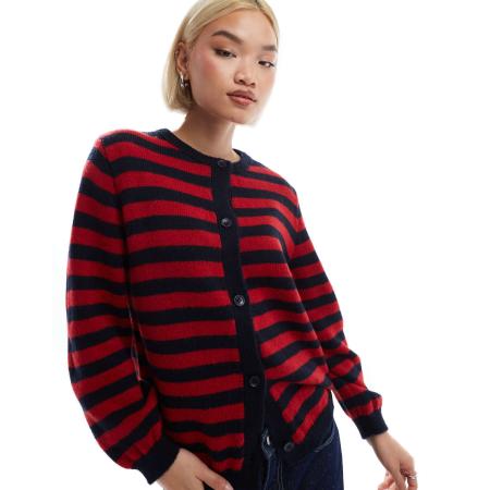 ASOS DESIGN Pluizig gebreid vest in vervaagd marineblauw en rood gestreept-Veelkleurig