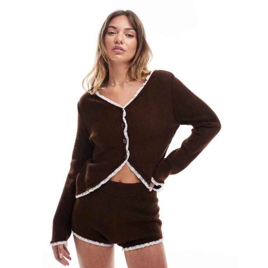 Miss Selfridge Vest met kanten rand in chocoladebruin, deel van co-ord set-Roze Roze