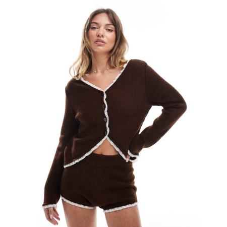 Miss Selfridge Vest met kanten rand in chocoladebruin, deel van co-ord set-Roze
