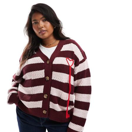 Renee Studio x Holly Wynne Exclusive Gestreept vest met textuur, hartapplicatie en lange pasvorm in bordeauxrood