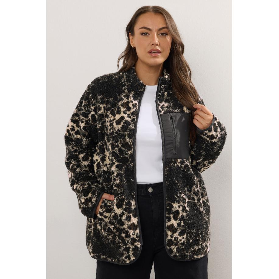 Yours Curve Zwart Luipaard Zak Teddy Fleece Jas Size 62-64 Zwart