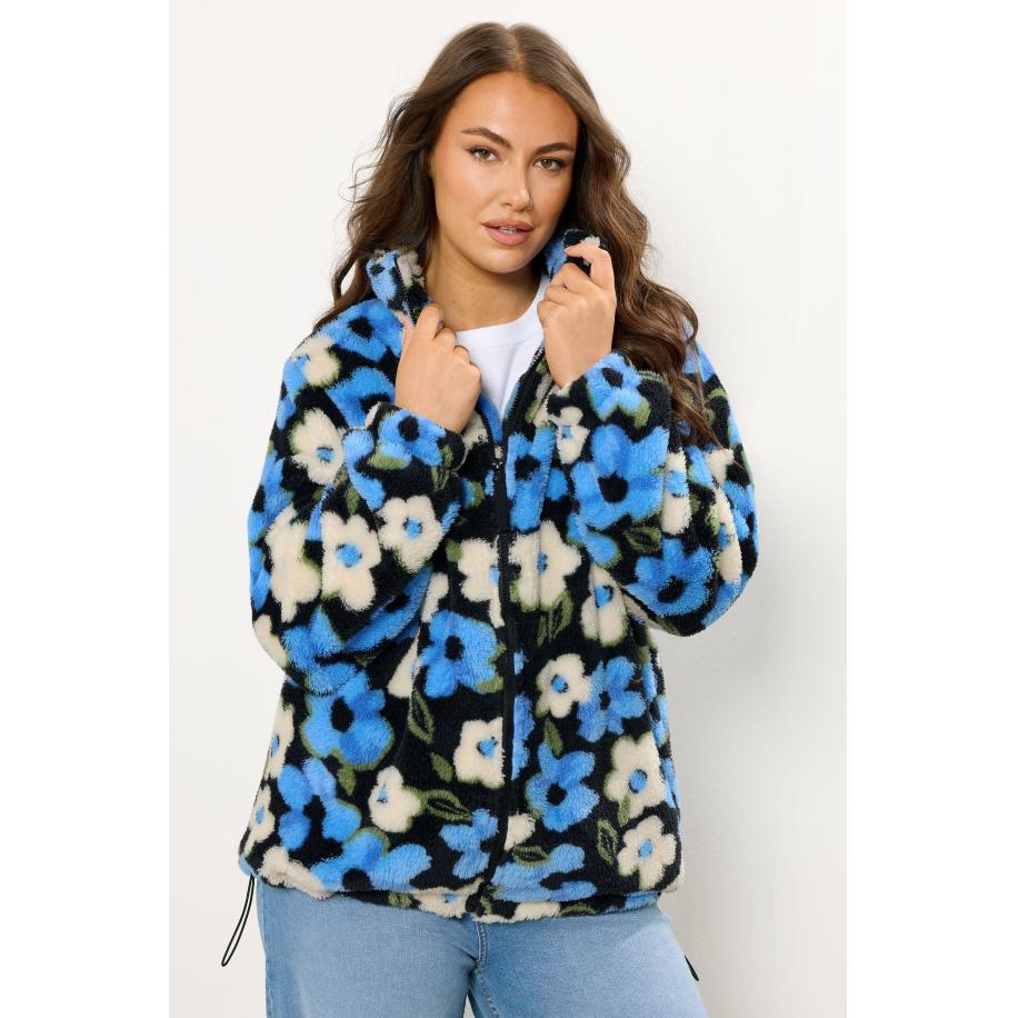 Yours Curve Zwartblauwe Fleecejas Met Bloemenprint Size 58-60 Zwart
