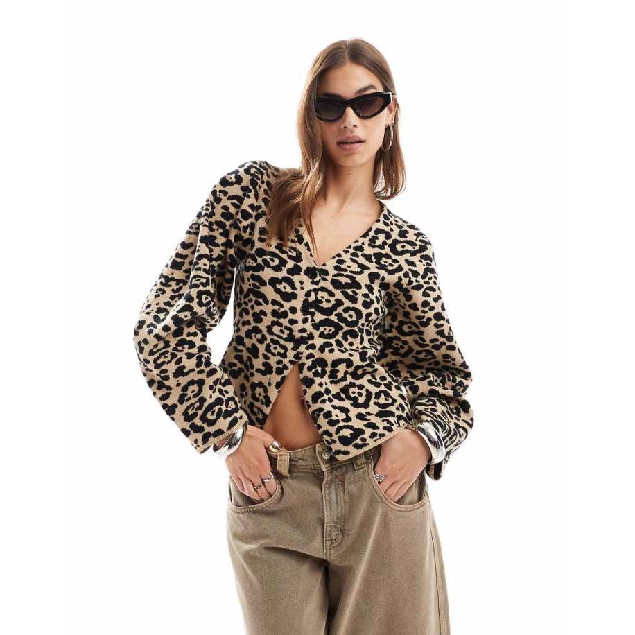 ASOS DESIGN Gestructureerd vest met v-hals en luipaardprint-Veelkleurig Multicolor