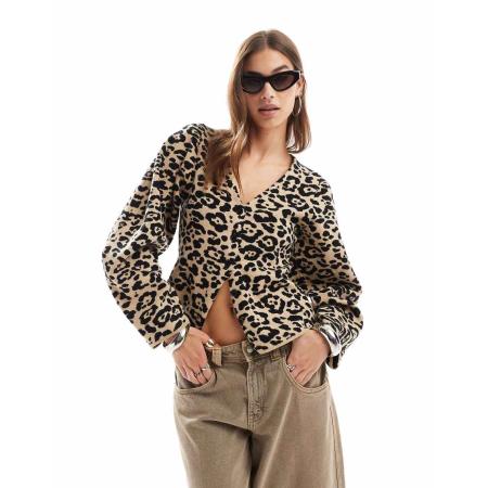 ASOS DESIGN Gestructureerd vest met v-hals en luipaardprint-Veelkleurig