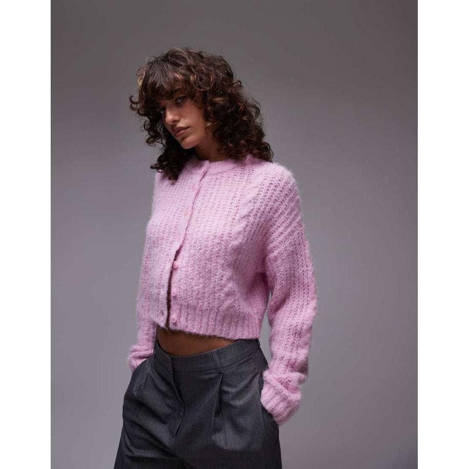 Topshop Pluizig gebreid cropped vest met kabels in roze Roze