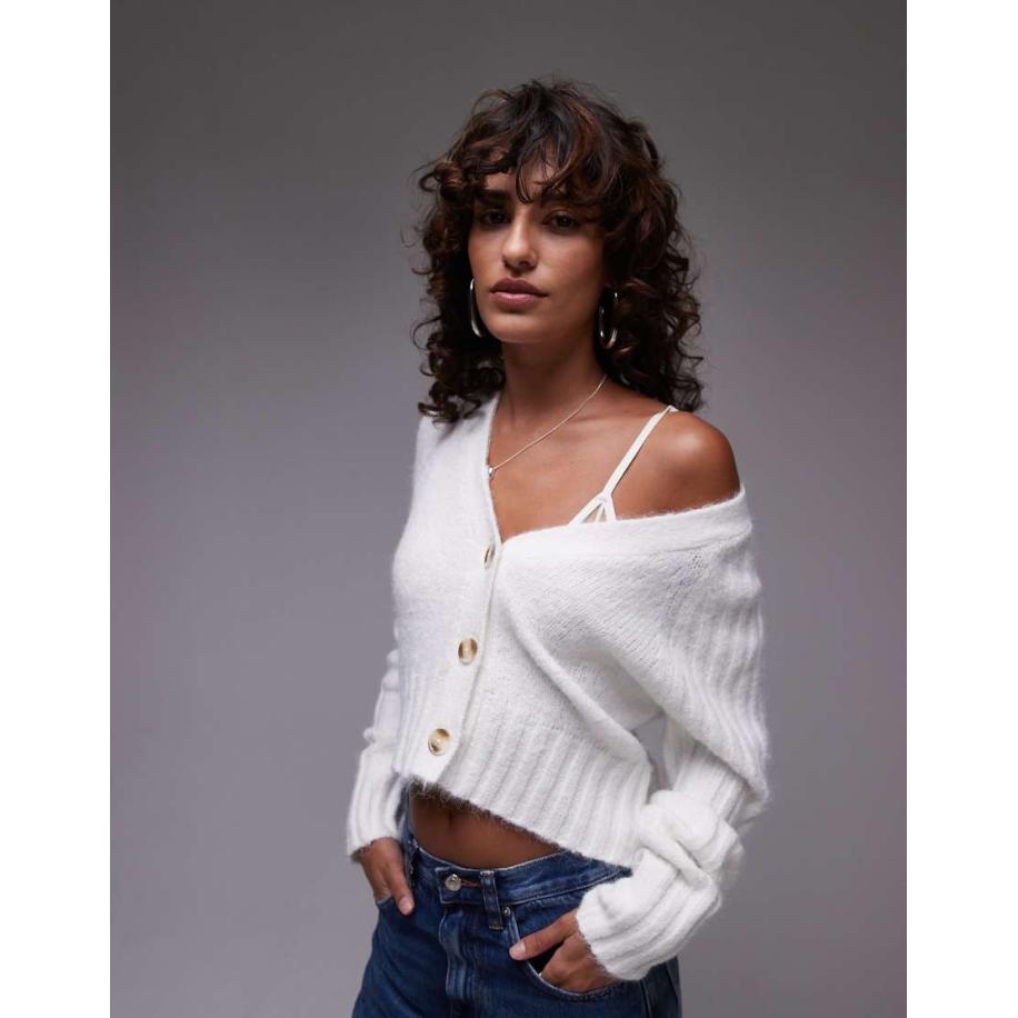 Topshop Gebreid vest met V-hals en geribbeld detail in crème-Groen Groen