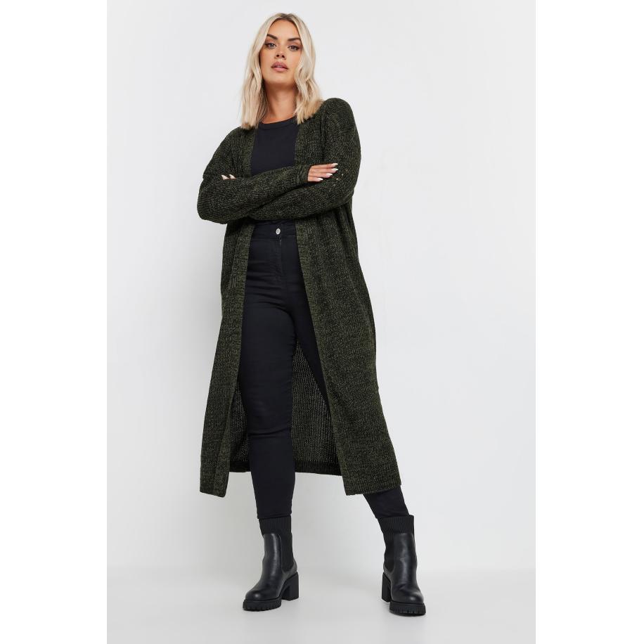 Yours Lang Gebreid Vest In Kakigroen/Zwart Size 58-60 Groen