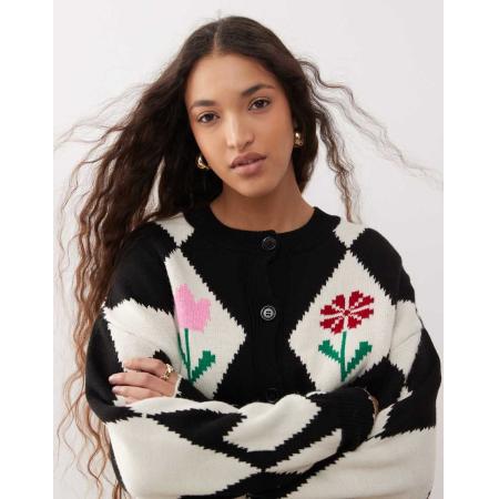 Miss Selfridge Vest met ronde hals en ruit- en bloemmotief-Veelkleurig