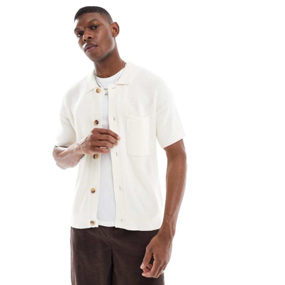 New Look - Gebreid overhemd in crème-Neutraal Multicolor