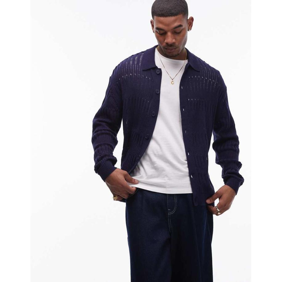 Topman - Vest met opengewerkt steken in marineblauw Blauw
