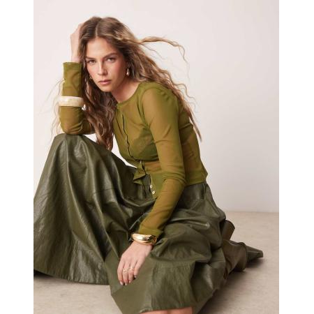 ASOS DESIGN Vest van mesh met parelmoer knopen in olijfgroen