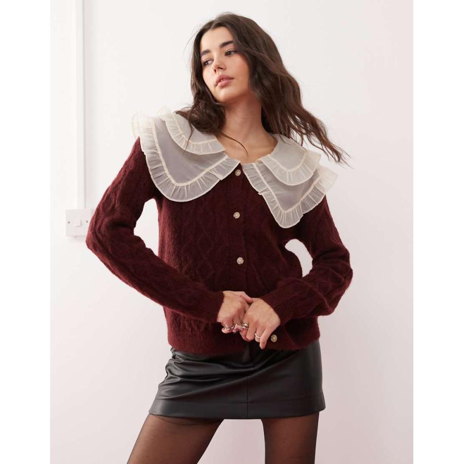 Miss Selfridge Gebreid vest met kabels en contrasterende kraag in wijnrood Rood