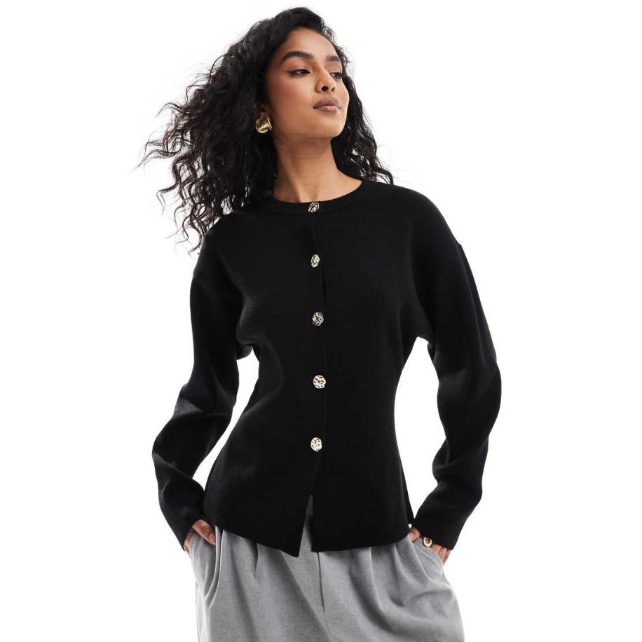 ASOS DESIGN Gebreid gestructureerd vest met ronde hals en gouden knopen in zwart Zwart