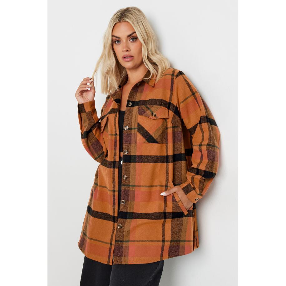 Yours Shacket Van Katoen Met Ruitenprint In Roestoranje Size 66-68 Oranje