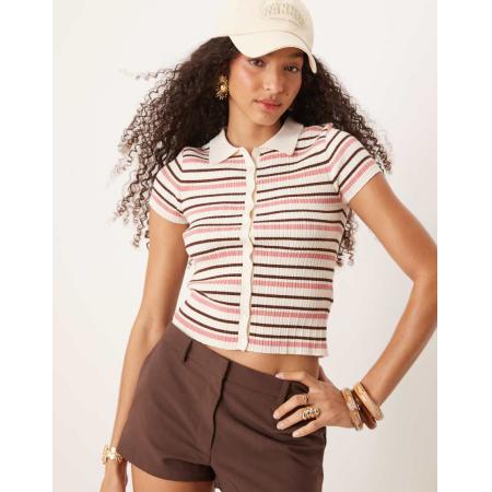 Stradivarius Gebreid cropped vest met korte mouwen en strepen-Veelkleurig