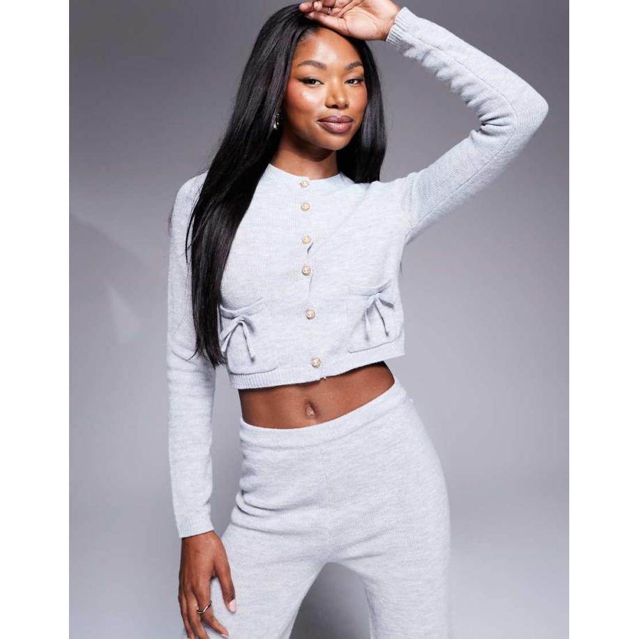 Kaiia Exclusives Gebreid cropped vest met strik en knopen in lichtgrijs, deel van co-ord set Grijs