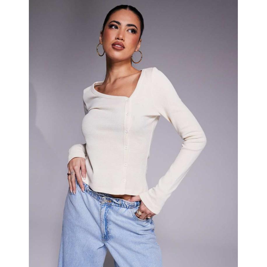 ASOS DESIGN Asymmetrisch vest met lange mouwen en wafelstructuur in crème-Wit Wit