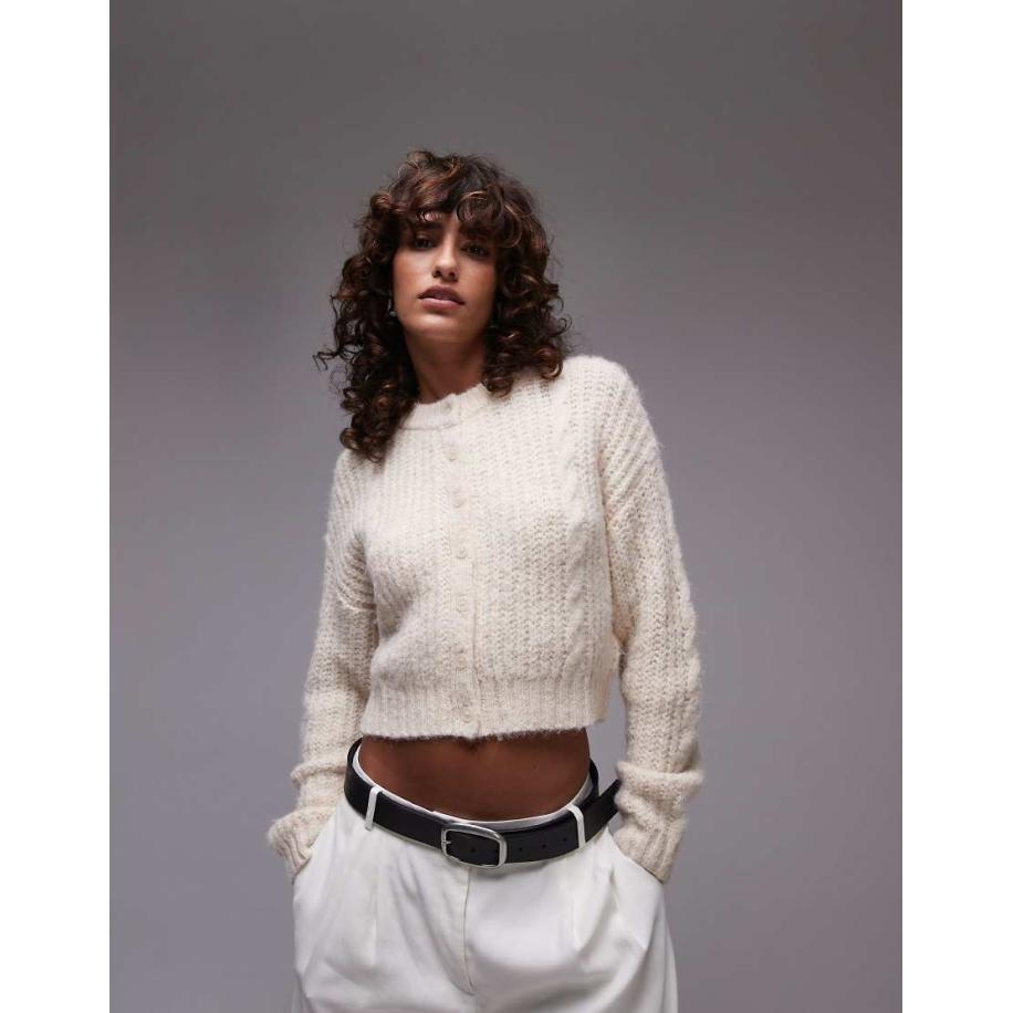 Topshop Cropped gebreid vest met kabels in crème-Wit Wit