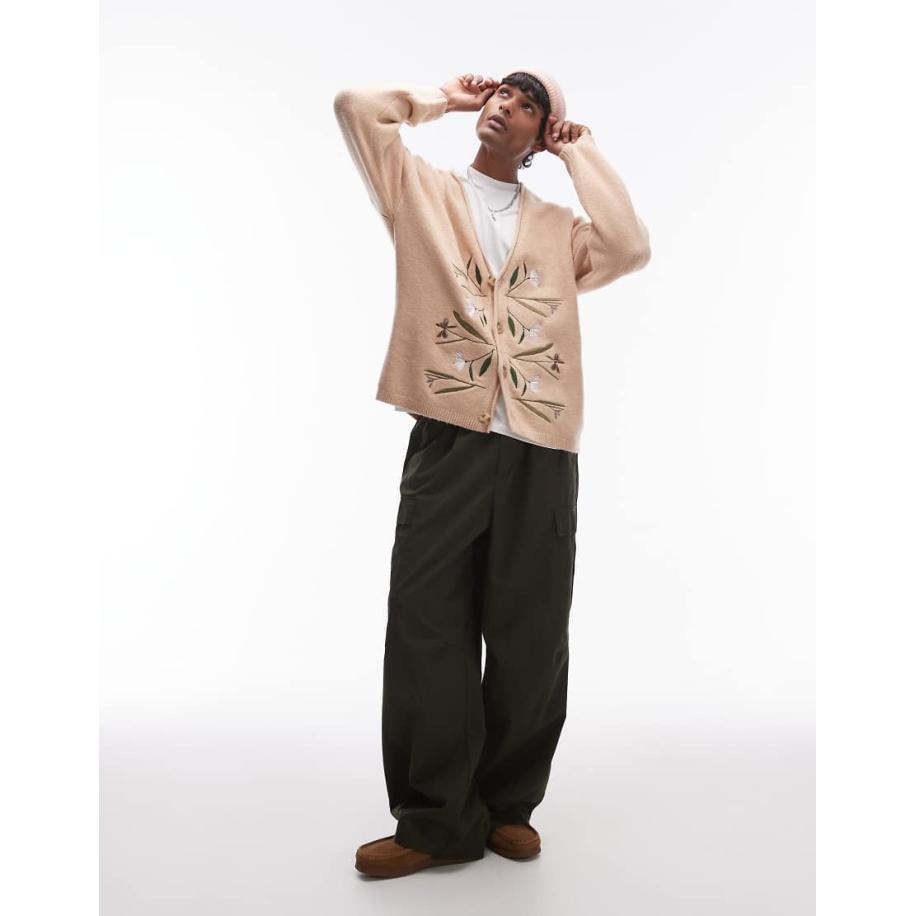 Topman - Gebreid vest met bloemenborduursels in ecru-Neutraal Multicolor