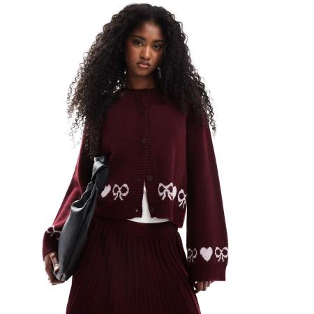 Miss Selfridge Vest met harten- en strikjesprint in bordeauxrood, deel van co-ord set